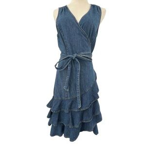 Ralph Lauren Blue Denim Jean Wrap Dress Ruffle Hem Sleeveless Tiered. Size: M